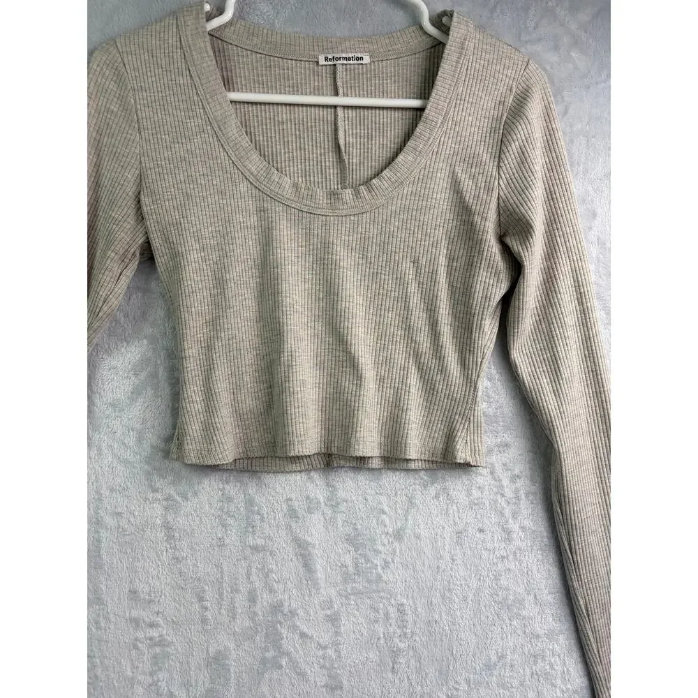 Reformation Paige Marble Ribbed Scoop Neck Crop Top - Gray - Size M